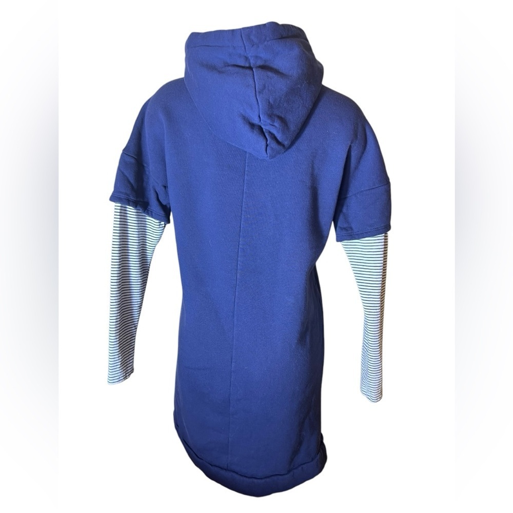 Navy Blue Hoodie Dress with Striped Sleeves - Picture 6 of 8